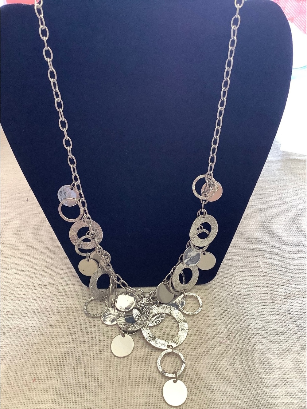 Silver Tone Statement Necklace Textured Circle Disc Dangle Charms Adjustable